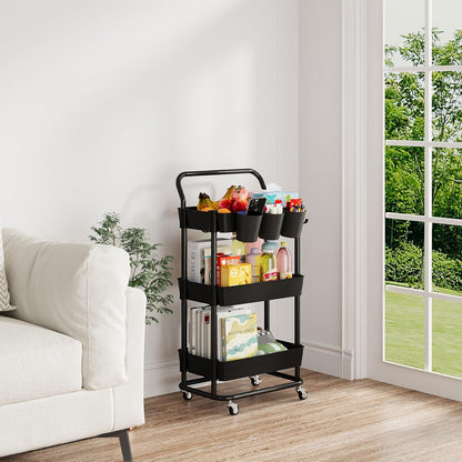 3-Tier Rolling Utility Cart, Storage Cart with Handle Multi-Purpose and Locking Wheels,with Hanging Basket and Hook for Office, Kitchen, Bathroom,White