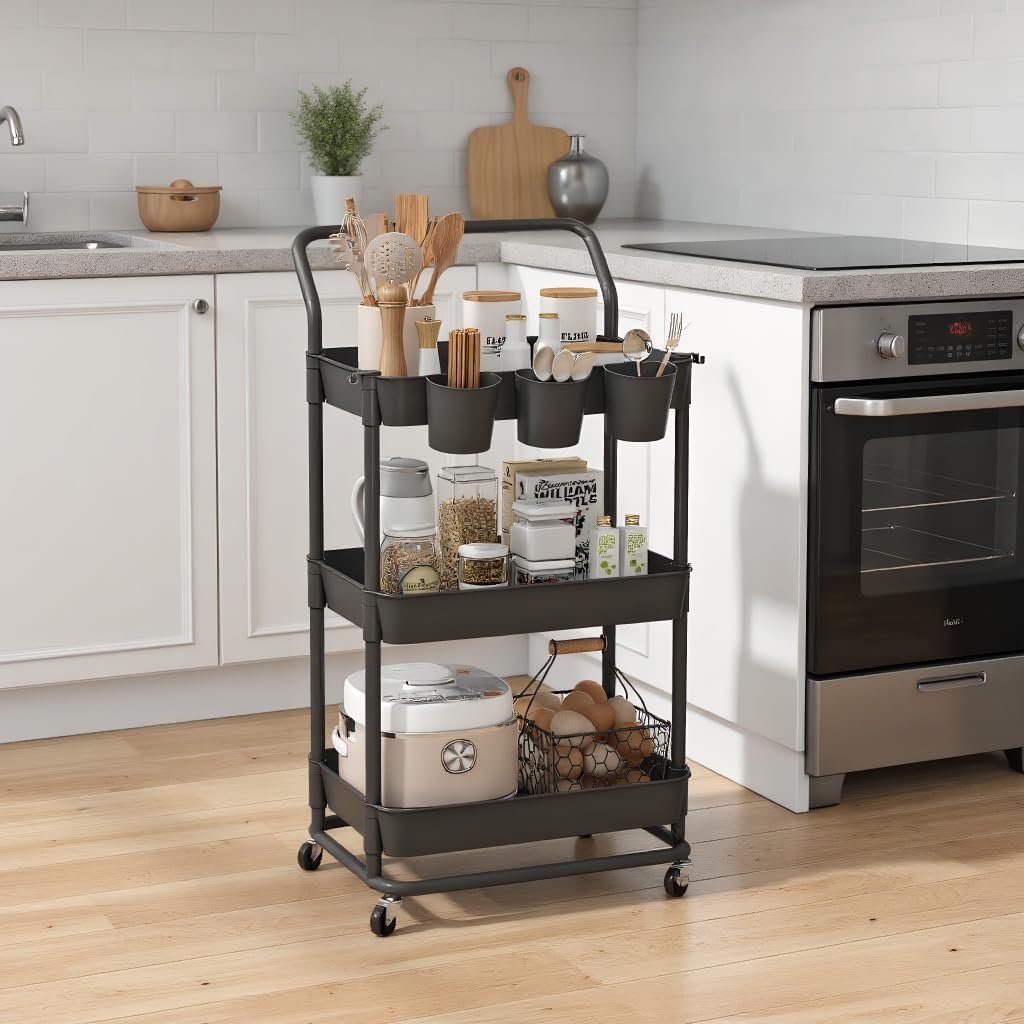 3-Tier Rolling Utility Cart, Storage Cart with Handle Multi-Purpose and Locking Wheels,with Hanging Basket and Hook for Office, Kitchen, Bathroom,White
