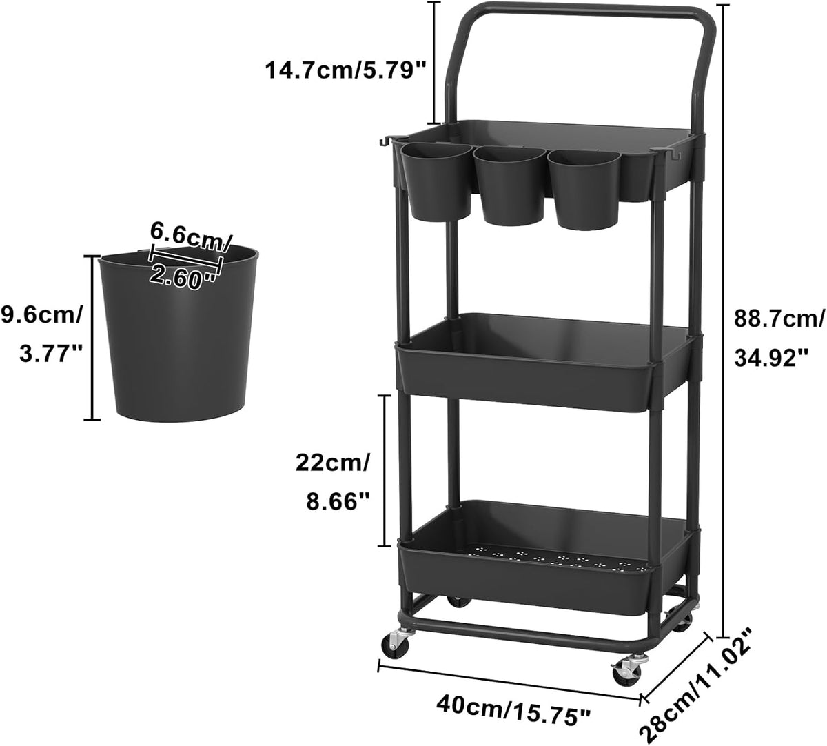 3-Tier Rolling Utility Cart, Storage Cart with Handle Multi-Purpose and Locking Wheels,with Hanging Basket and Hook for Office, Kitchen, Bathroom,White