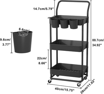 3-Tier Rolling Utility Cart, Storage Cart with Handle Multi-Purpose and Locking Wheels,with Hanging Basket and Hook for Office, Kitchen, Bathroom,White