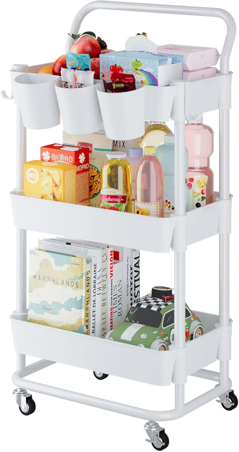3-Tier Rolling Utility Cart, Storage Cart with Handle Multi-Purpose and Locking Wheels,with Hanging Basket and Hook for Office, Kitchen, Bathroom,White