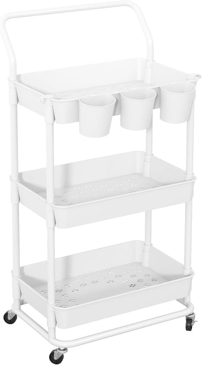 3-Tier Rolling Utility Cart, Storage Cart with Handle Multi-Purpose and Locking Wheels,with Hanging Basket and Hook for Office, Kitchen, Bathroom,White