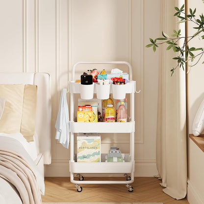 3-Tier Rolling Utility Cart, Storage Cart with Handle Multi-Purpose and Locking Wheels,with Hanging Basket and Hook for Office, Kitchen, Bathroom,White