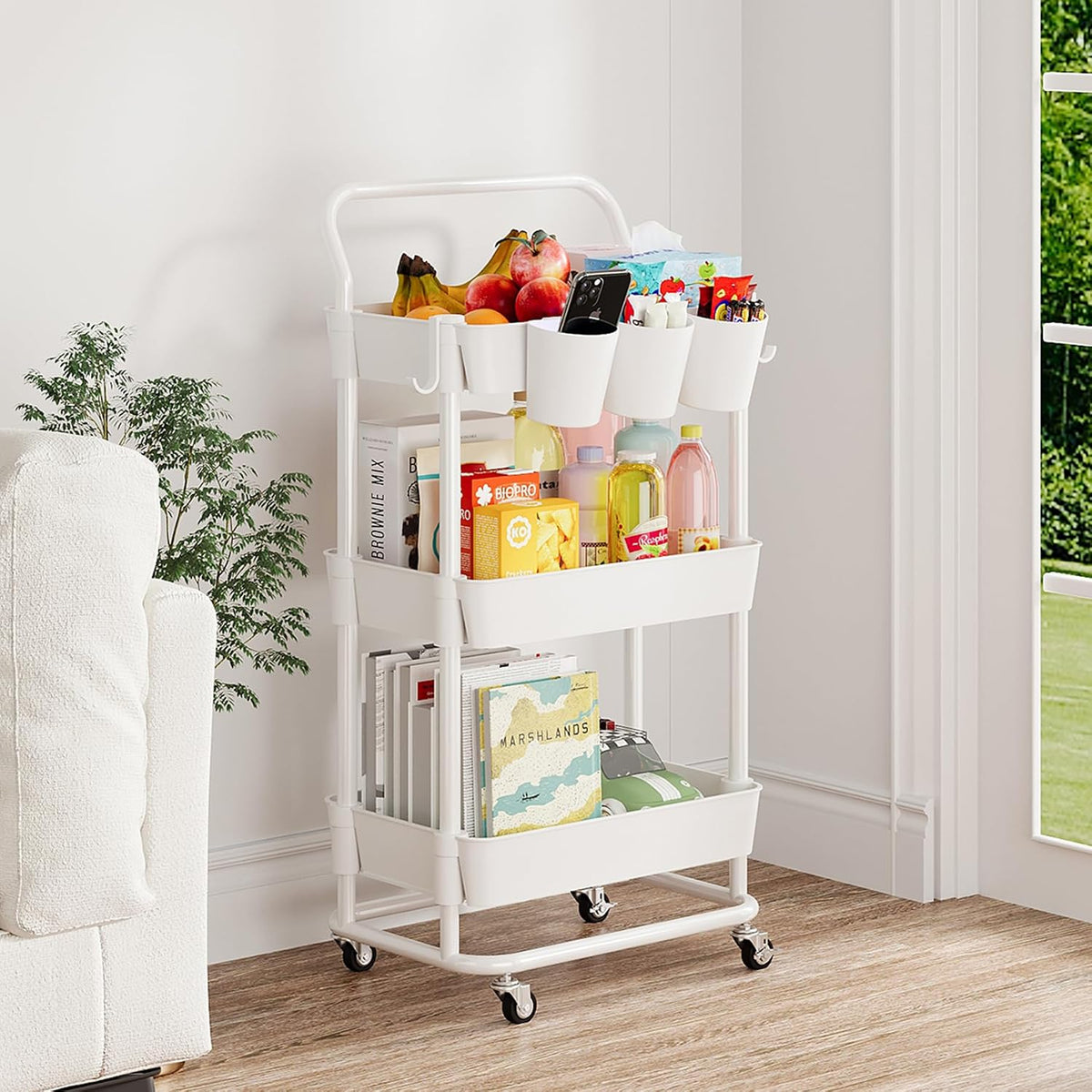 3-Tier Rolling Utility Cart, Storage Cart with Handle Multi-Purpose and Locking Wheels,with Hanging Basket and Hook for Office, Kitchen, Bathroom,White