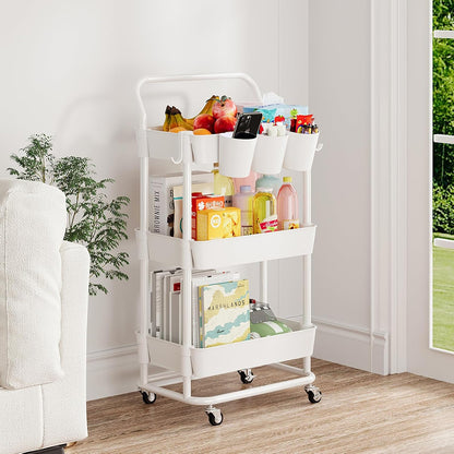 3-Tier Rolling Utility Cart, Storage Cart with Handle Multi-Purpose and Locking Wheels,with Hanging Basket and Hook for Office, Kitchen, Bathroom,White