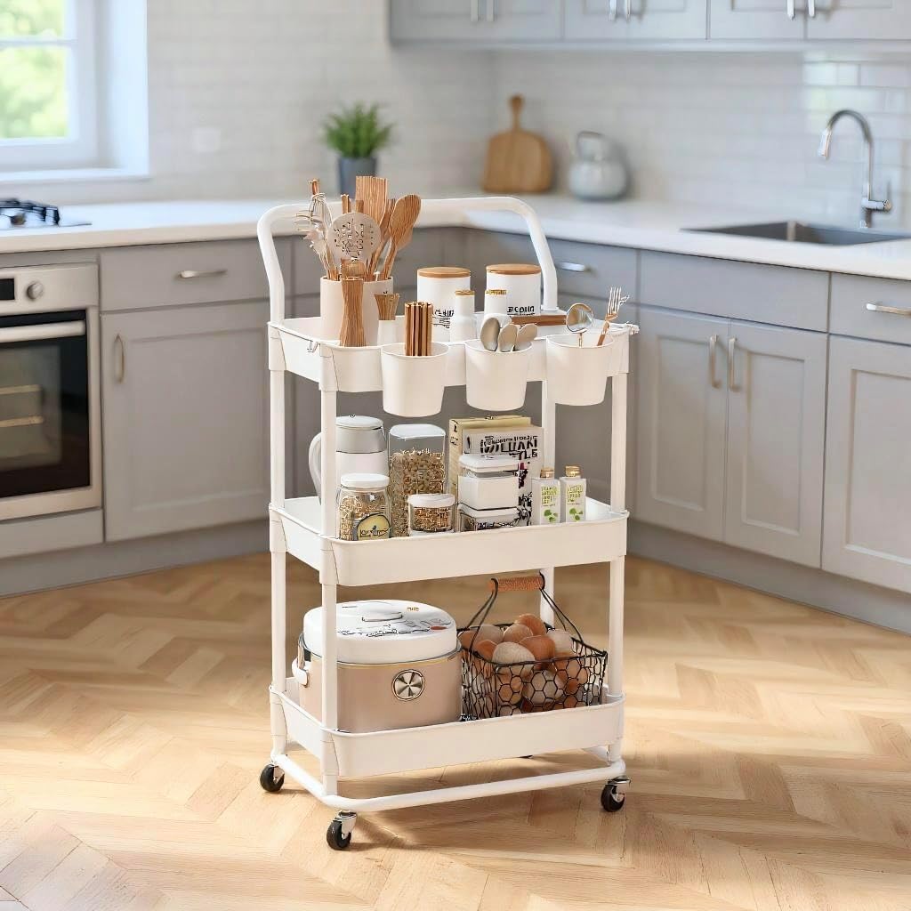 3-Tier Rolling Utility Cart, Storage Cart with Handle Multi-Purpose and Locking Wheels,with Hanging Basket and Hook for Office, Kitchen, Bathroom,White