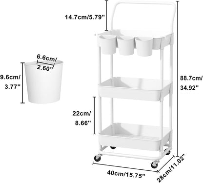 3-Tier Rolling Utility Cart, Storage Cart with Handle Multi-Purpose and Locking Wheels,with Hanging Basket and Hook for Office, Kitchen, Bathroom,White