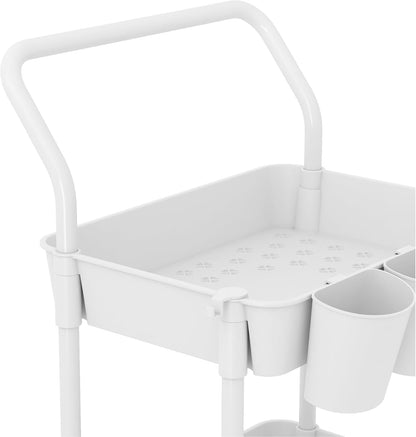 3-Tier Rolling Utility Cart, Storage Cart with Handle Multi-Purpose and Locking Wheels,with Hanging Basket and Hook for Office, Kitchen, Bathroom,White