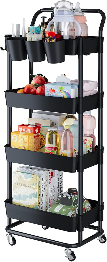 3-Tier Rolling Utility Cart, Storage Cart with Handle Multi-Purpose and Locking Wheels,with Hanging Basket and Hook for Office, Kitchen, Bathroom,White