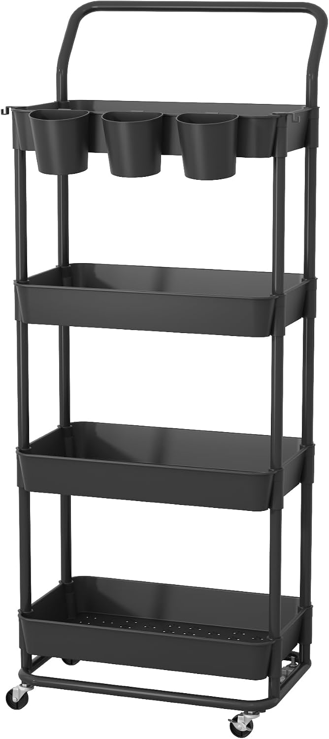 3-Tier Rolling Utility Cart, Storage Cart with Handle Multi-Purpose and Locking Wheels,with Hanging Basket and Hook for Office, Kitchen, Bathroom,White