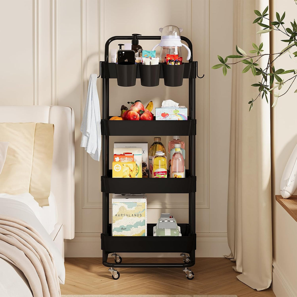 3-Tier Rolling Utility Cart, Storage Cart with Handle Multi-Purpose and Locking Wheels,with Hanging Basket and Hook for Office, Kitchen, Bathroom,White