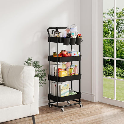 3-Tier Rolling Utility Cart, Storage Cart with Handle Multi-Purpose and Locking Wheels,with Hanging Basket and Hook for Office, Kitchen, Bathroom,White