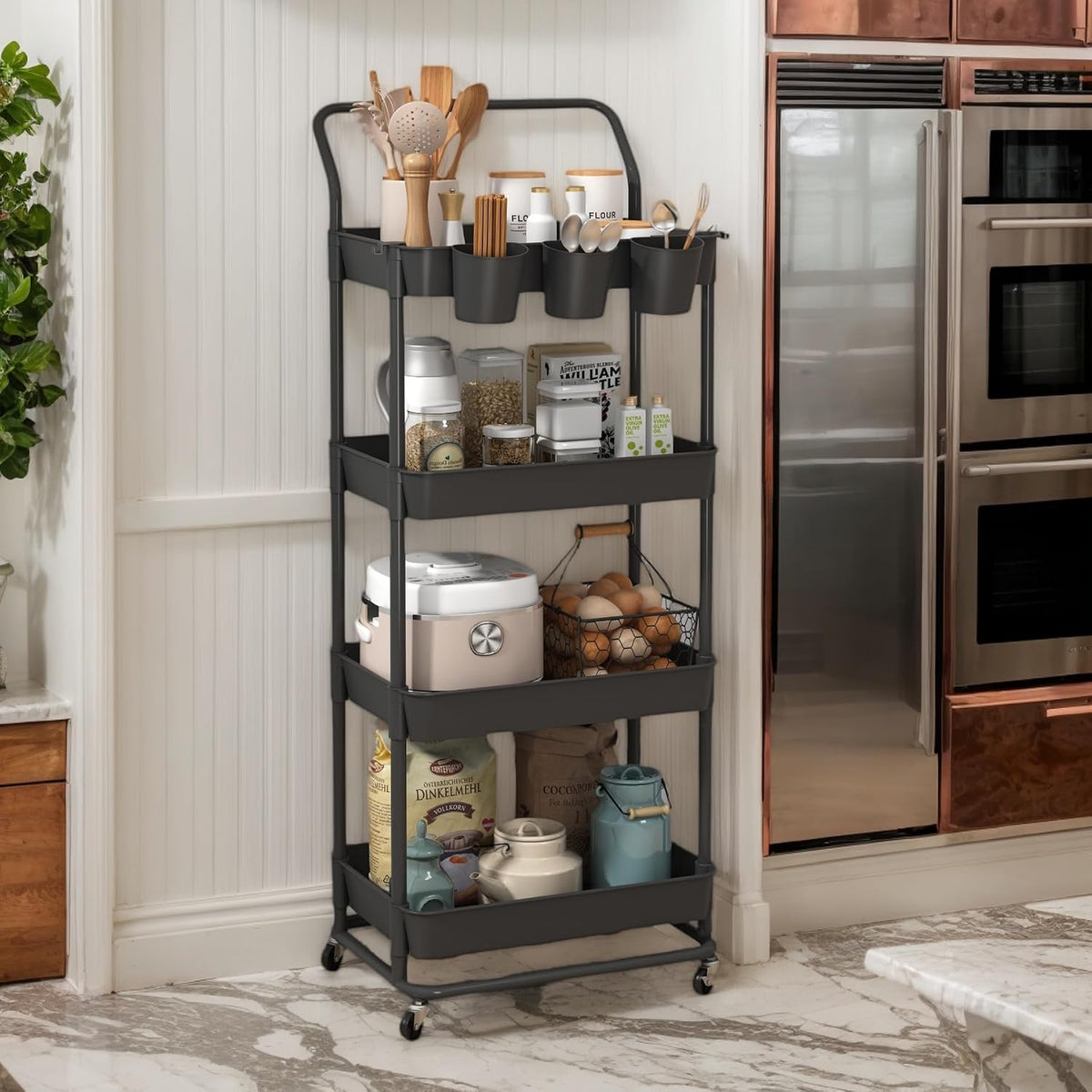 3-Tier Rolling Utility Cart, Storage Cart with Handle Multi-Purpose and Locking Wheels,with Hanging Basket and Hook for Office, Kitchen, Bathroom,White