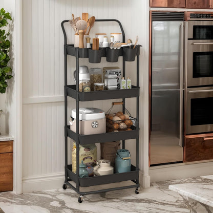 3-Tier Rolling Utility Cart, Storage Cart with Handle Multi-Purpose and Locking Wheels,with Hanging Basket and Hook for Office, Kitchen, Bathroom,White