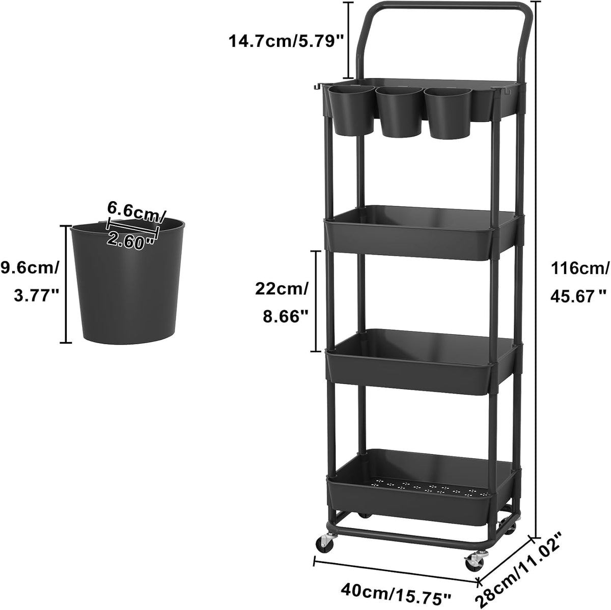 3-Tier Rolling Utility Cart, Storage Cart with Handle Multi-Purpose and Locking Wheels,with Hanging Basket and Hook for Office, Kitchen, Bathroom,White