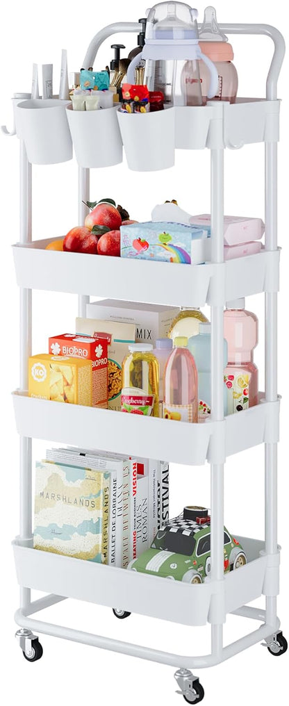 3-Tier Rolling Utility Cart, Storage Cart with Handle Multi-Purpose and Locking Wheels,with Hanging Basket and Hook for Office, Kitchen, Bathroom,White