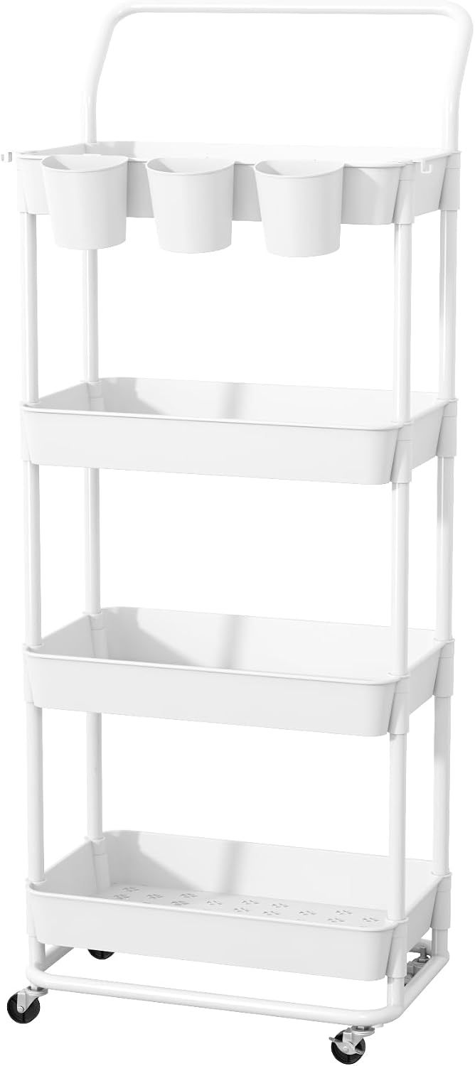3-Tier Rolling Utility Cart, Storage Cart with Handle Multi-Purpose and Locking Wheels,with Hanging Basket and Hook for Office, Kitchen, Bathroom,White