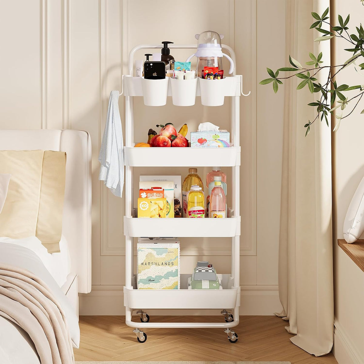 3-Tier Rolling Utility Cart, Storage Cart with Handle Multi-Purpose and Locking Wheels,with Hanging Basket and Hook for Office, Kitchen, Bathroom,White