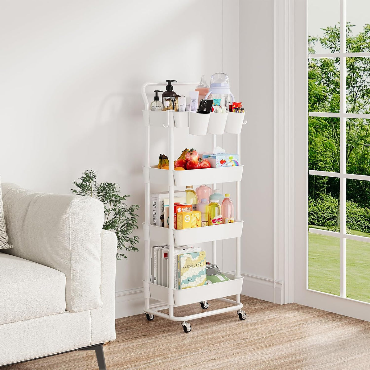 3-Tier Rolling Utility Cart, Storage Cart with Handle Multi-Purpose and Locking Wheels,with Hanging Basket and Hook for Office, Kitchen, Bathroom,White