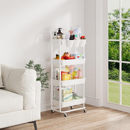 3-Tier Rolling Utility Cart, Storage Cart with Handle Multi-Purpose and Locking Wheels,with Hanging Basket and Hook for Office, Kitchen, Bathroom,White