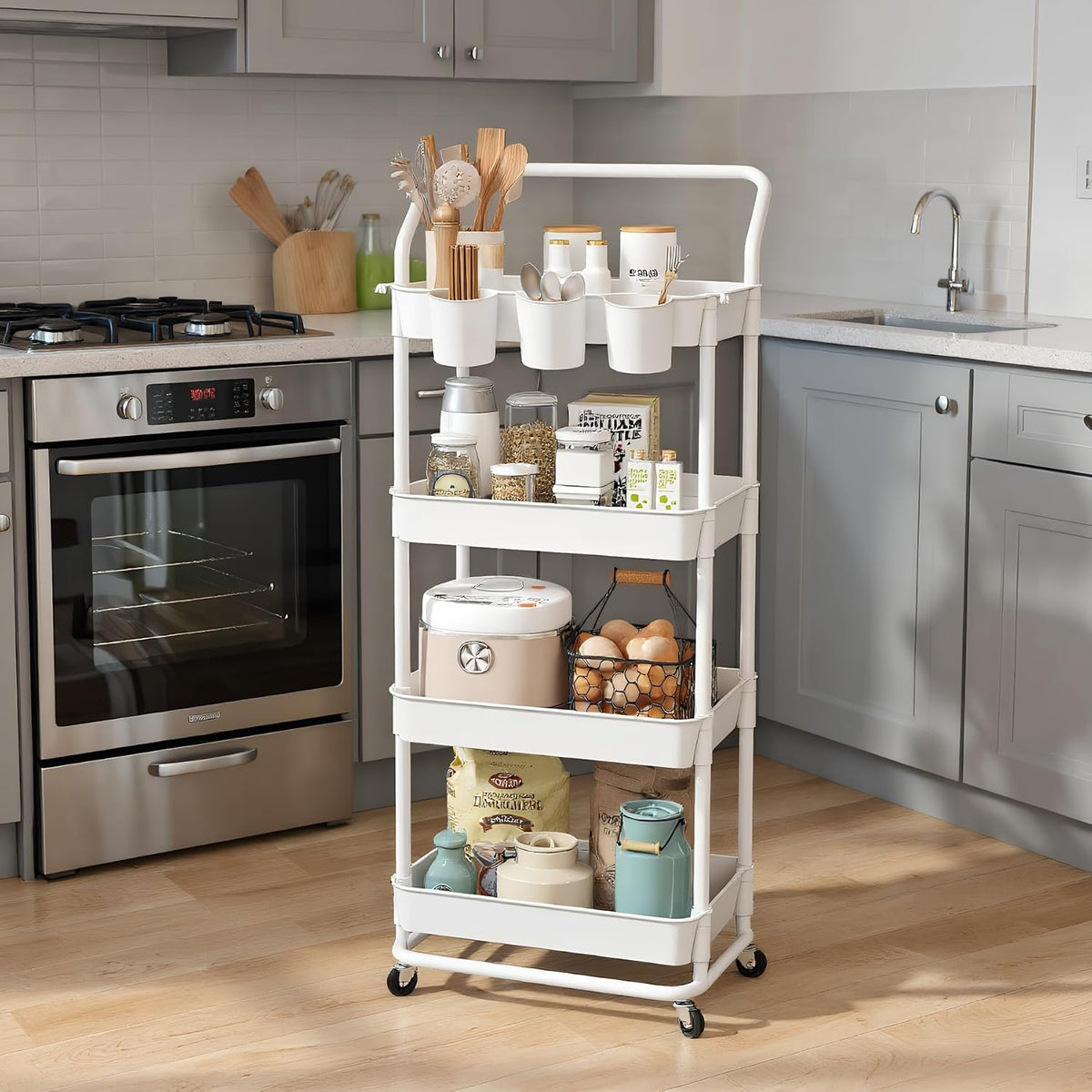 3-Tier Rolling Utility Cart, Storage Cart with Handle Multi-Purpose and Locking Wheels,with Hanging Basket and Hook for Office, Kitchen, Bathroom,White