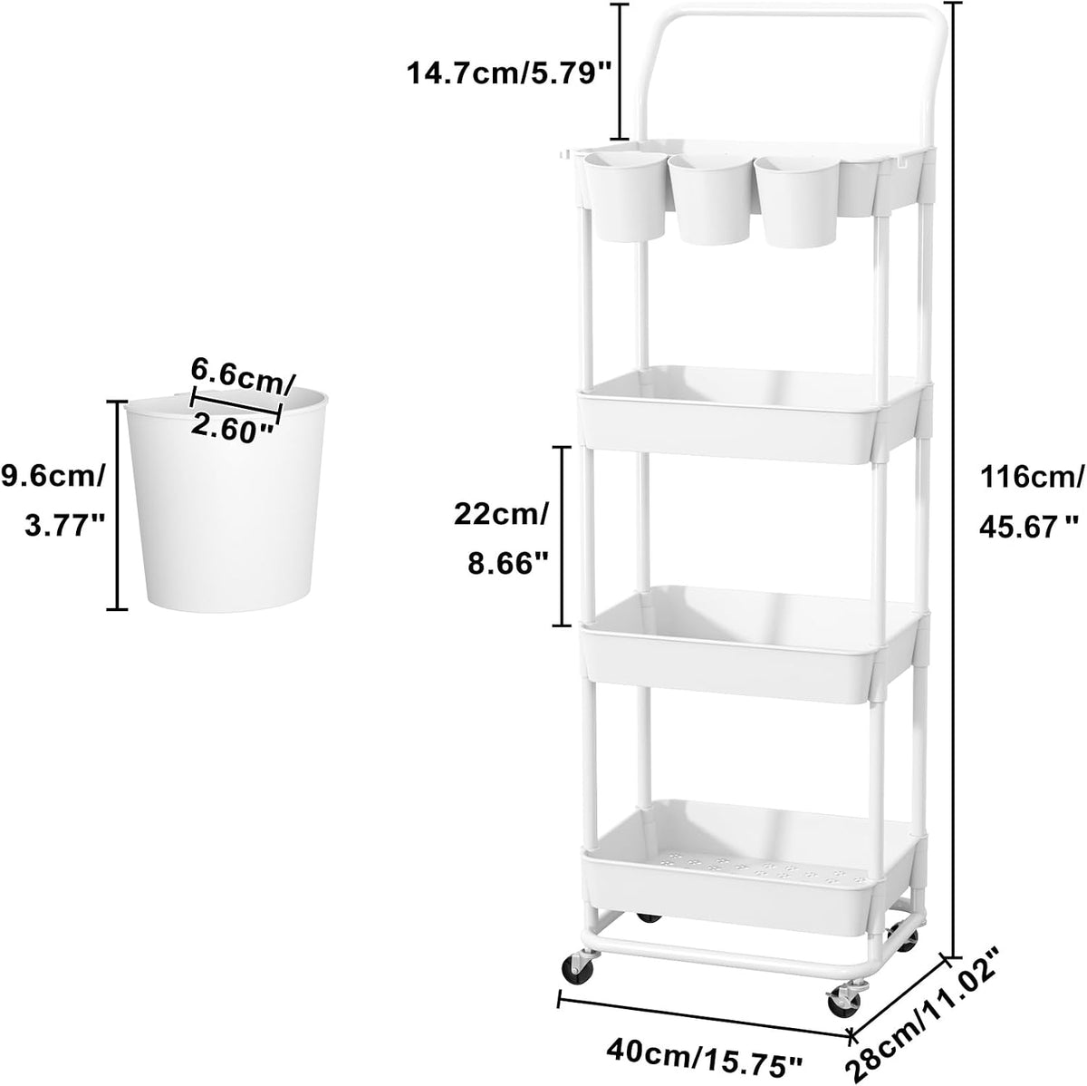 3-Tier Rolling Utility Cart, Storage Cart with Handle Multi-Purpose and Locking Wheels,with Hanging Basket and Hook for Office, Kitchen, Bathroom,White