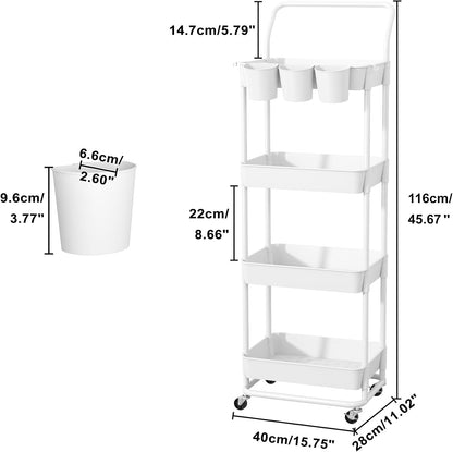 3-Tier Rolling Utility Cart, Storage Cart with Handle Multi-Purpose and Locking Wheels,with Hanging Basket and Hook for Office, Kitchen, Bathroom,White