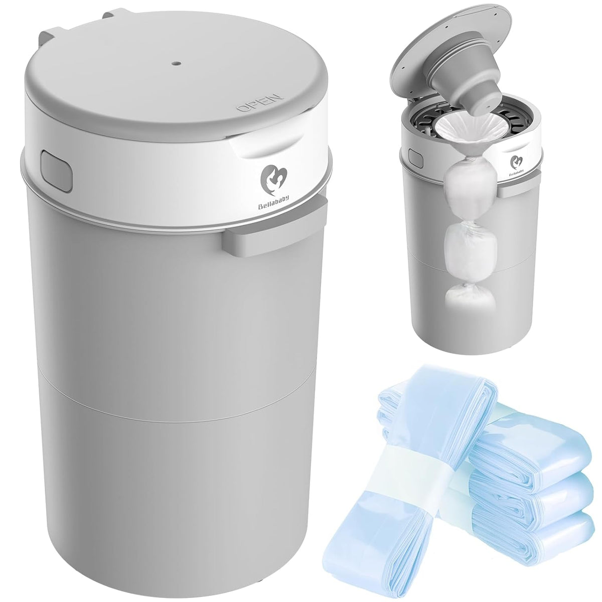 Bellababy Diaper Pail, Upgrade Baby Diaper Bin with Double Odor Locking, Includes 4 Refills (270 inches/pcs), Compact Design for Nursery