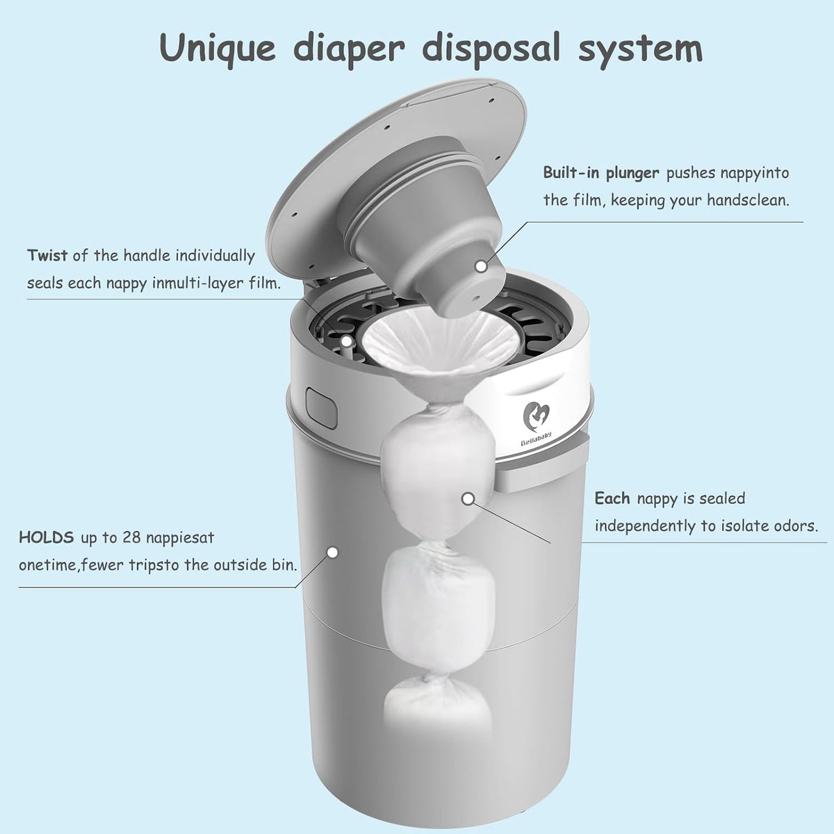Bellababy Diaper Pail, Upgrade Baby Diaper Bin with Double Odor Locking, Includes 4 Refills (270 inches/pcs), Compact Design for Nursery