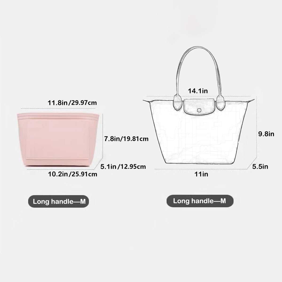 Bag Insert Organizer, purse accessories, Suitable For Longchamp long handle tote organizer (Grey, L（long handle）)