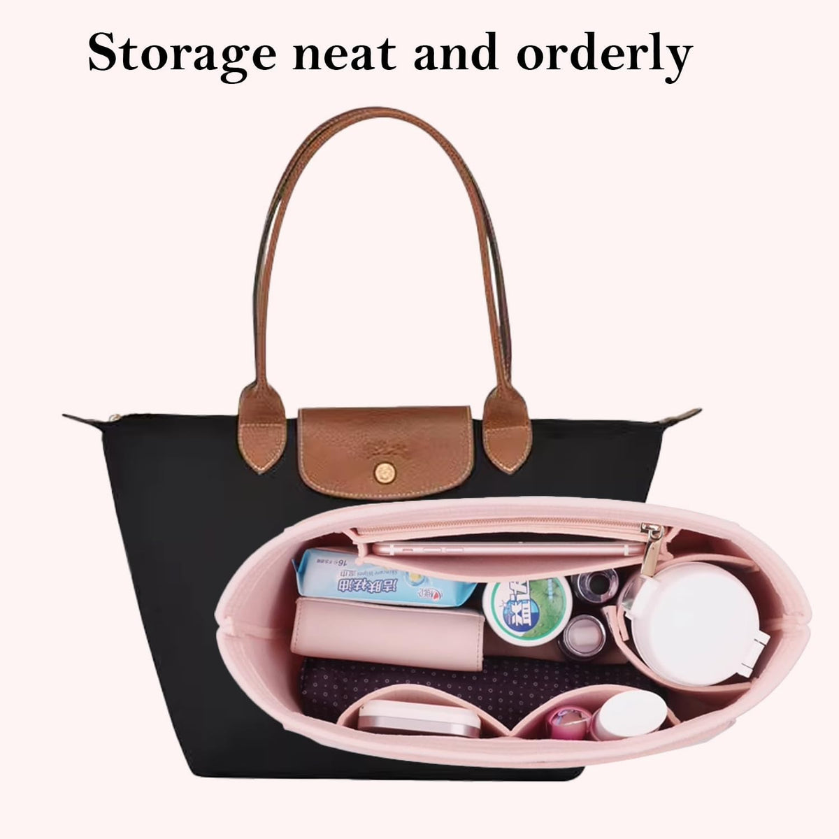 Bag Insert Organizer, purse accessories, Suitable For Longchamp long handle tote organizer (Grey, L（long handle）)