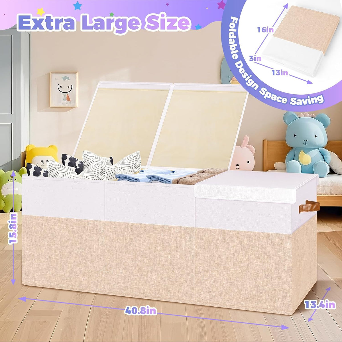 Extra Large Toy Storage Box with Lid, Collapsible Toy Chest, 40"x14"x16"