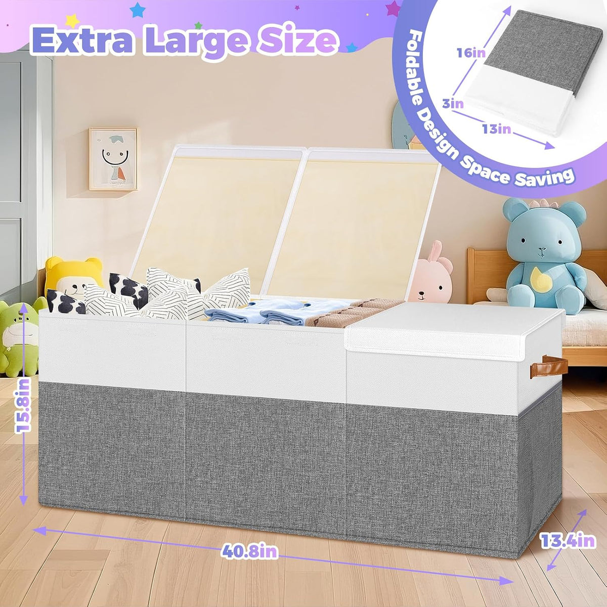 Extra Large Toy Storage Box with Lid, Collapsible Toy Chest, 40"x14"x16"