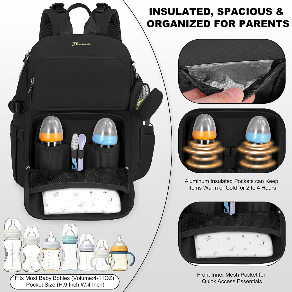 Diaper Bag Backpack with Portable Changing Pad, Black