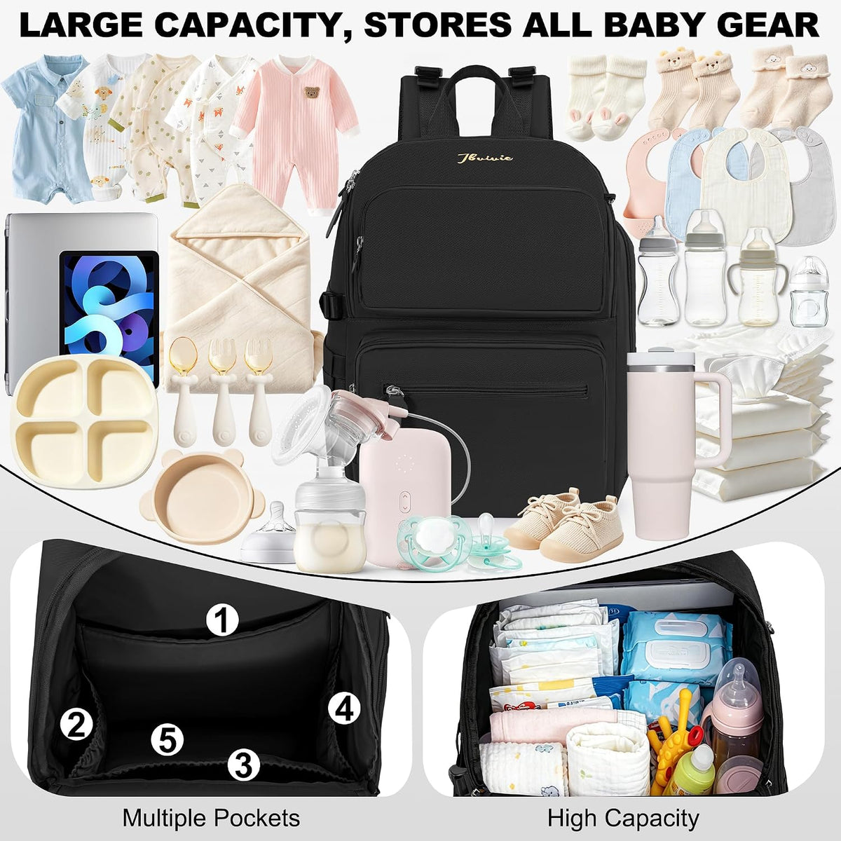 Diaper Bag Backpack with Portable Changing Pad, Black