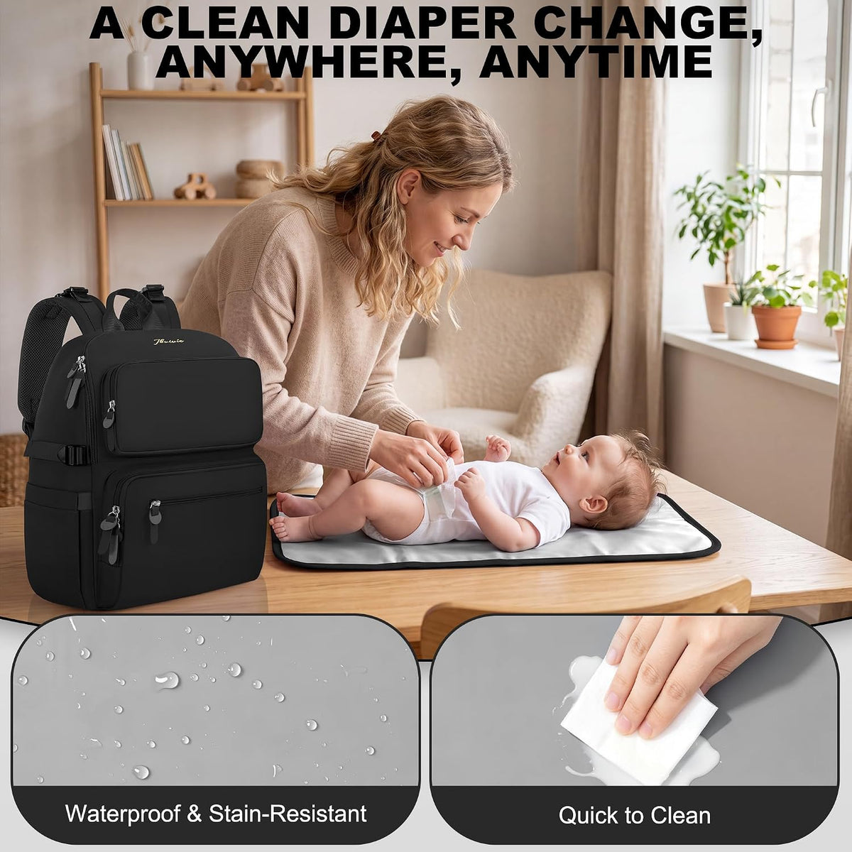 Diaper Bag Backpack with Portable Changing Pad, Black