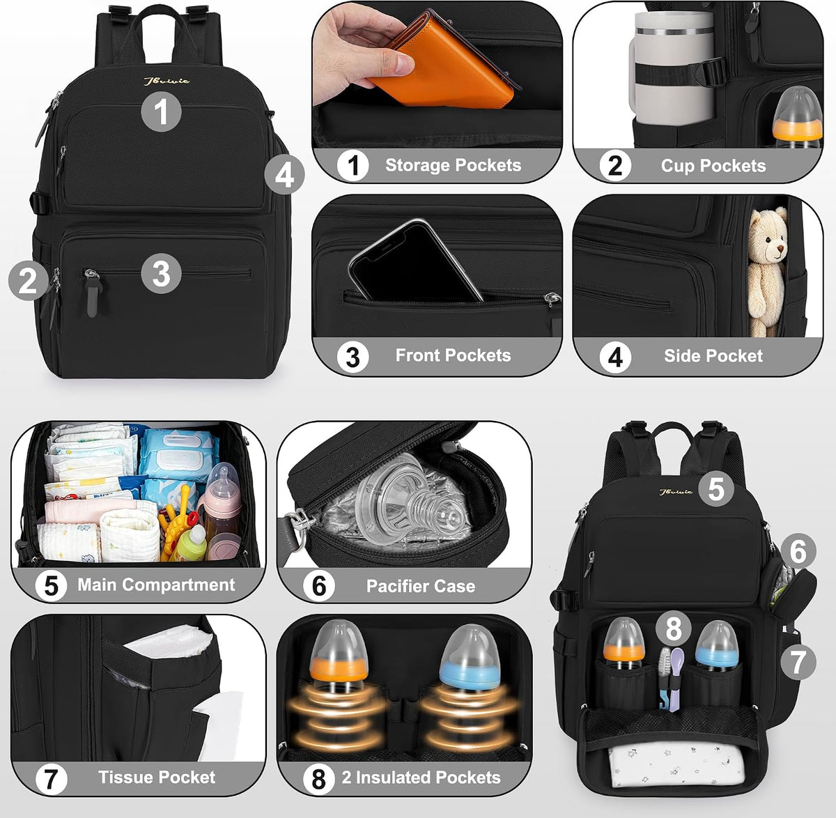 Diaper Bag Backpack with Portable Changing Pad, Black