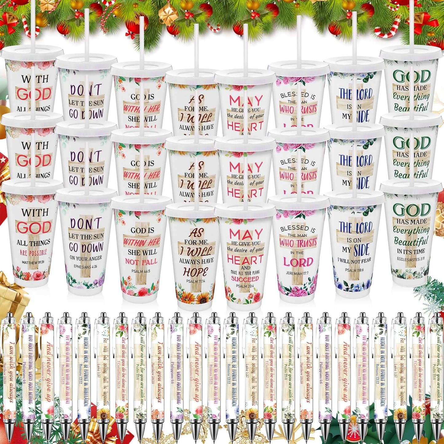48 Pcs Christian Gifts for Women 24 oz Bible Scripture Cups with Lids Straw Religious Floral Bible Verse Ink Pens Church Religious Gift Set