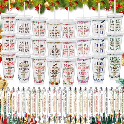48 Pcs Christian Gifts for Women 24 oz Bible Scripture Cups with Lids Straw Religious Floral Bible Verse Ink Pens Church Religious Gift Set