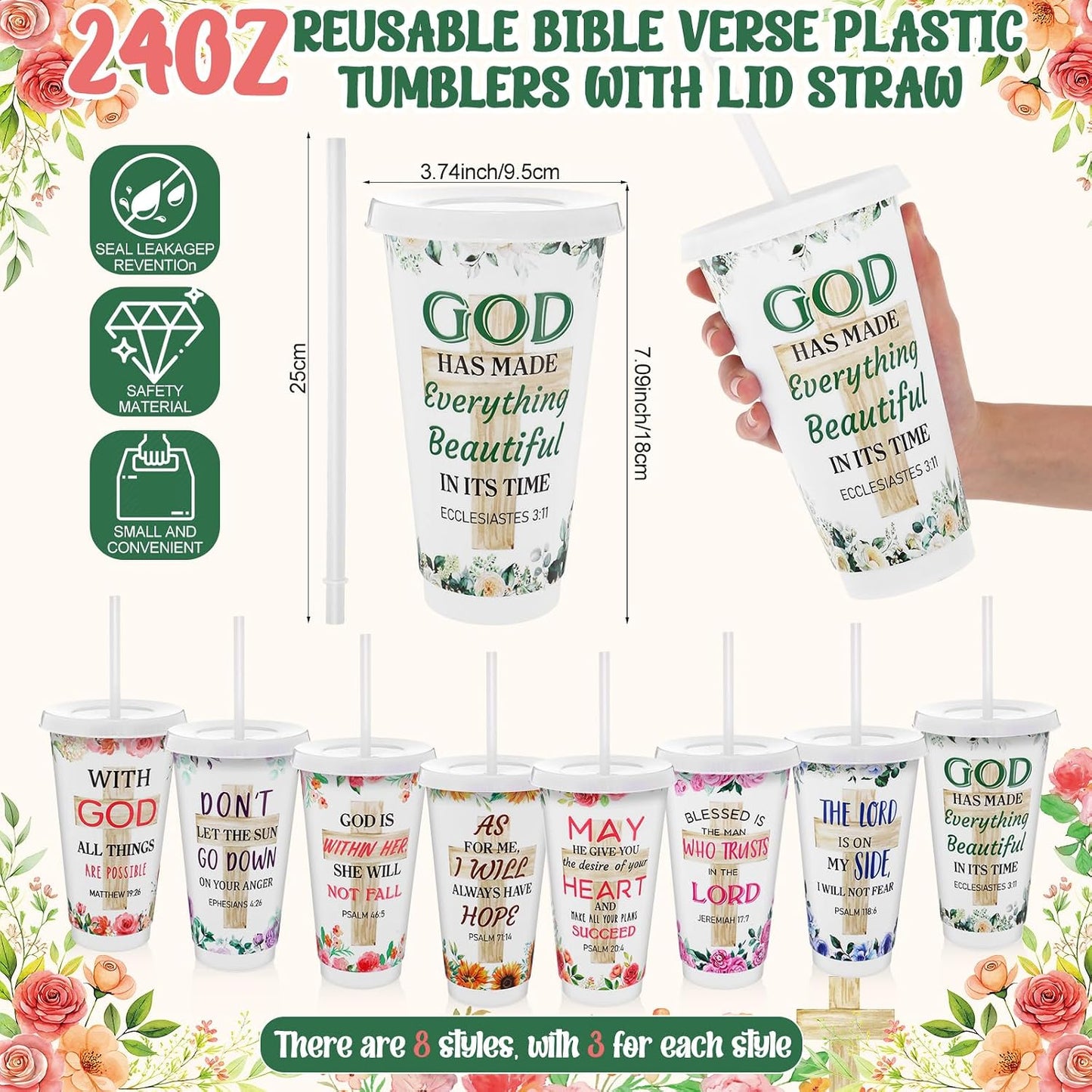 48 Pcs Christian Gifts for Women 24 oz Bible Scripture Cups with Lids Straw Religious Floral Bible Verse Ink Pens Church Religious Gift Set