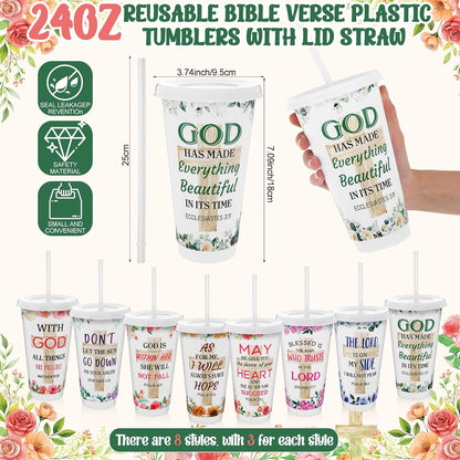 48 Pcs Christian Gifts for Women 24 oz Bible Scripture Cups with Lids Straw Religious Floral Bible Verse Ink Pens Church Religious Gift Set