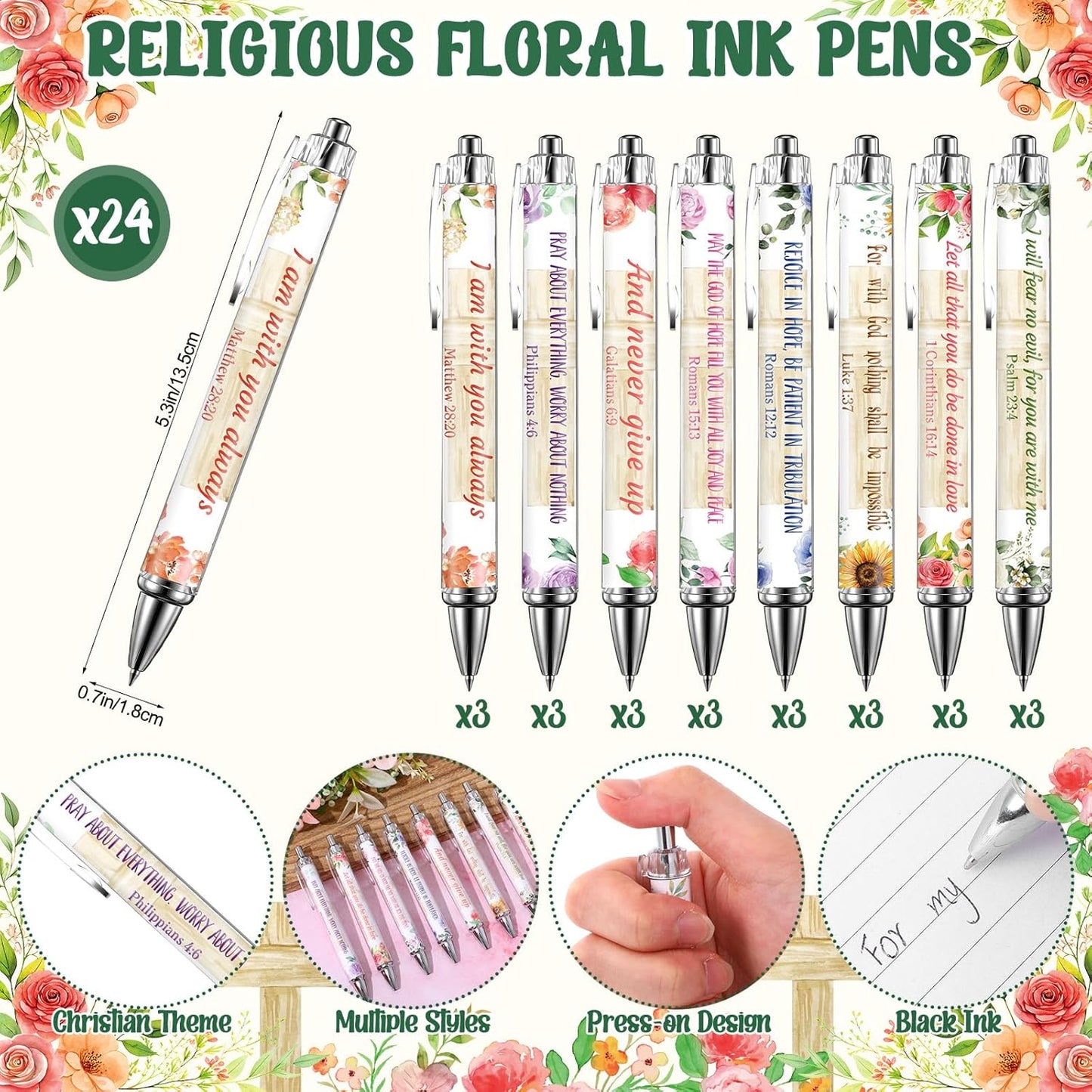 48 Pcs Christian Gifts for Women 24 oz Bible Scripture Cups with Lids Straw Religious Floral Bible Verse Ink Pens Church Religious Gift Set