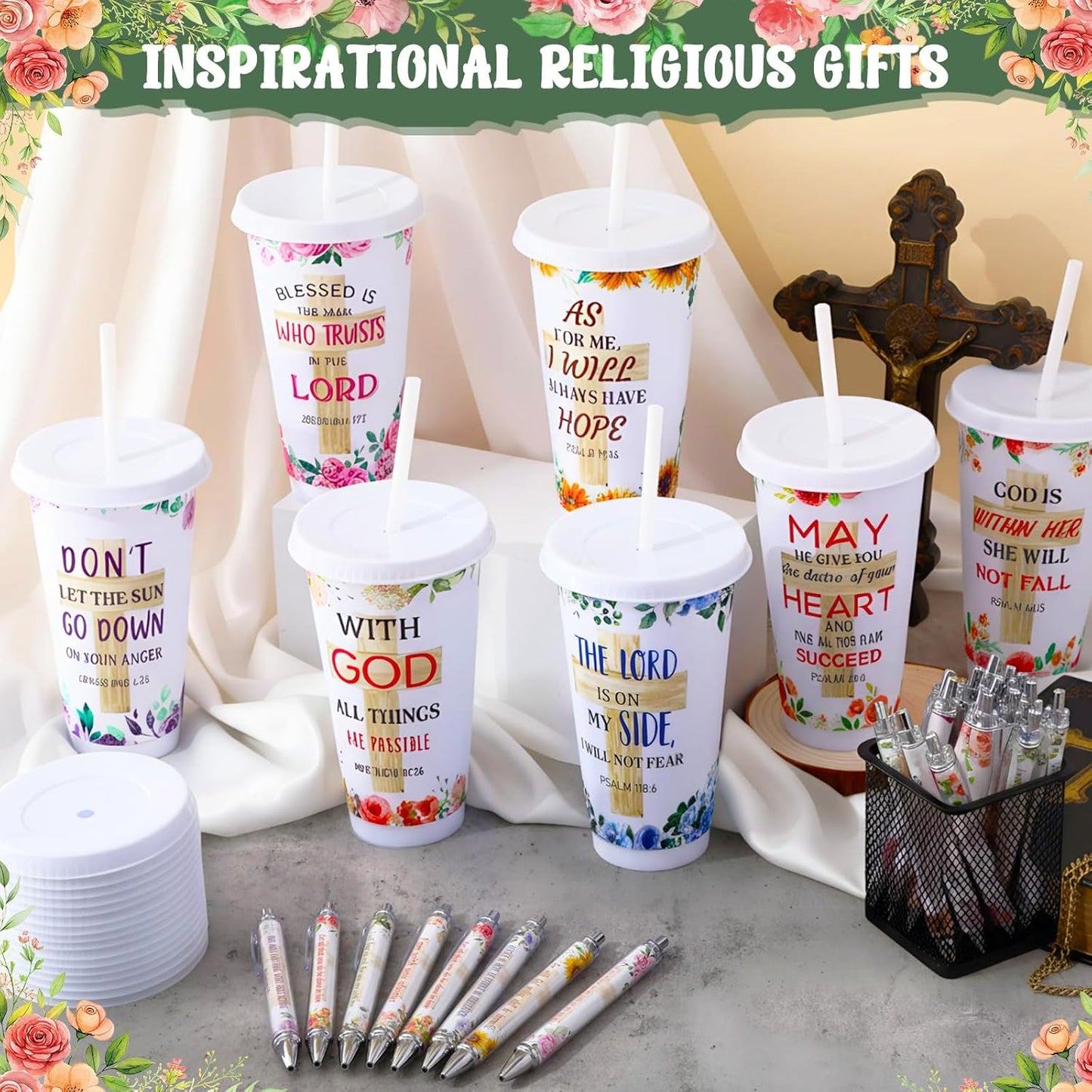48 Pcs Christian Gifts for Women 24 oz Bible Scripture Cups with Lids Straw Religious Floral Bible Verse Ink Pens Church Religious Gift Set