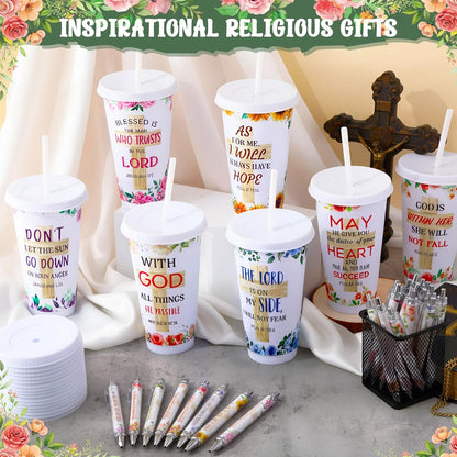 48 Pcs Christian Gifts for Women 24 oz Bible Scripture Cups with Lids Straw Religious Floral Bible Verse Ink Pens Church Religious Gift Set