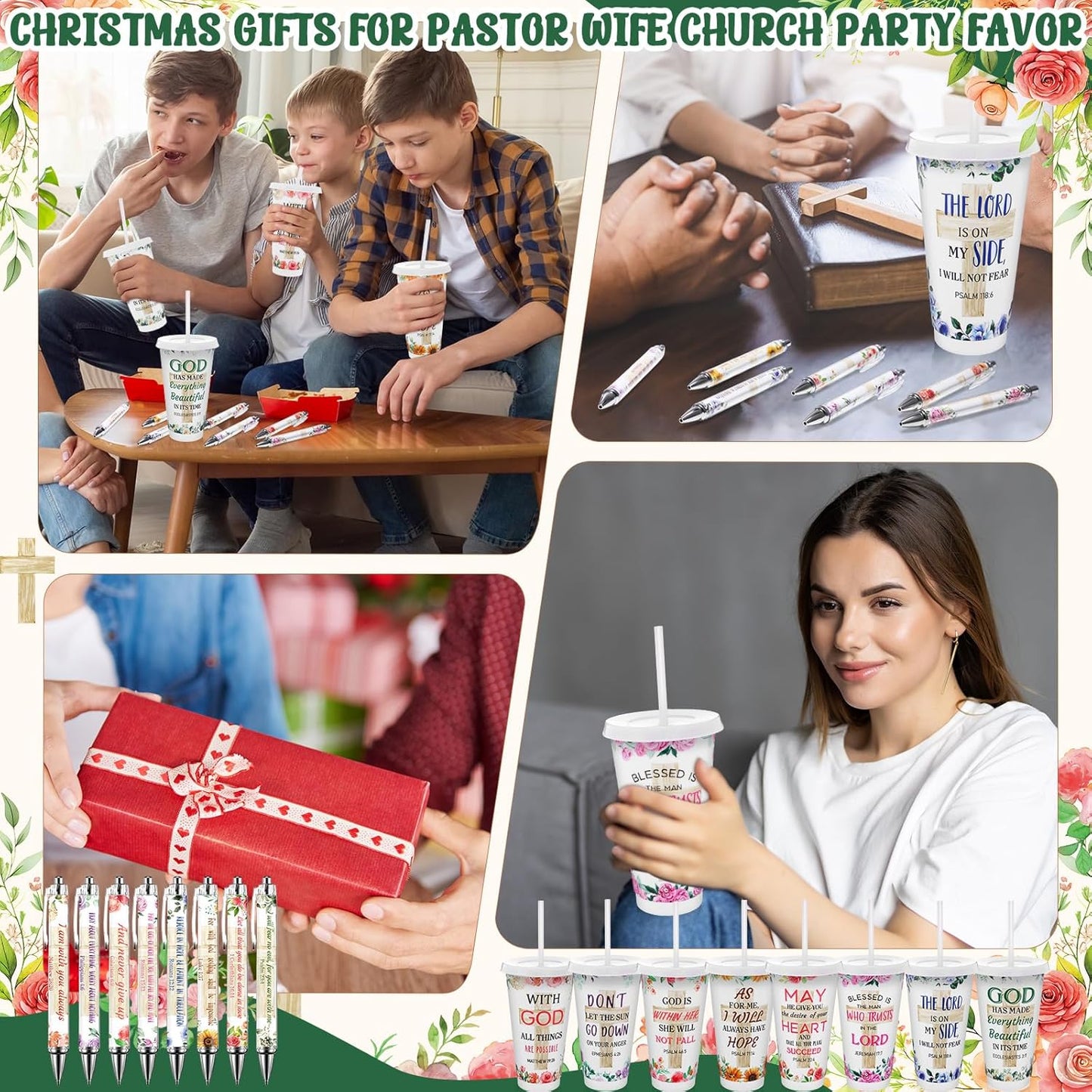 48 Pcs Christian Gifts for Women 24 oz Bible Scripture Cups with Lids Straw Religious Floral Bible Verse Ink Pens Church Religious Gift Set