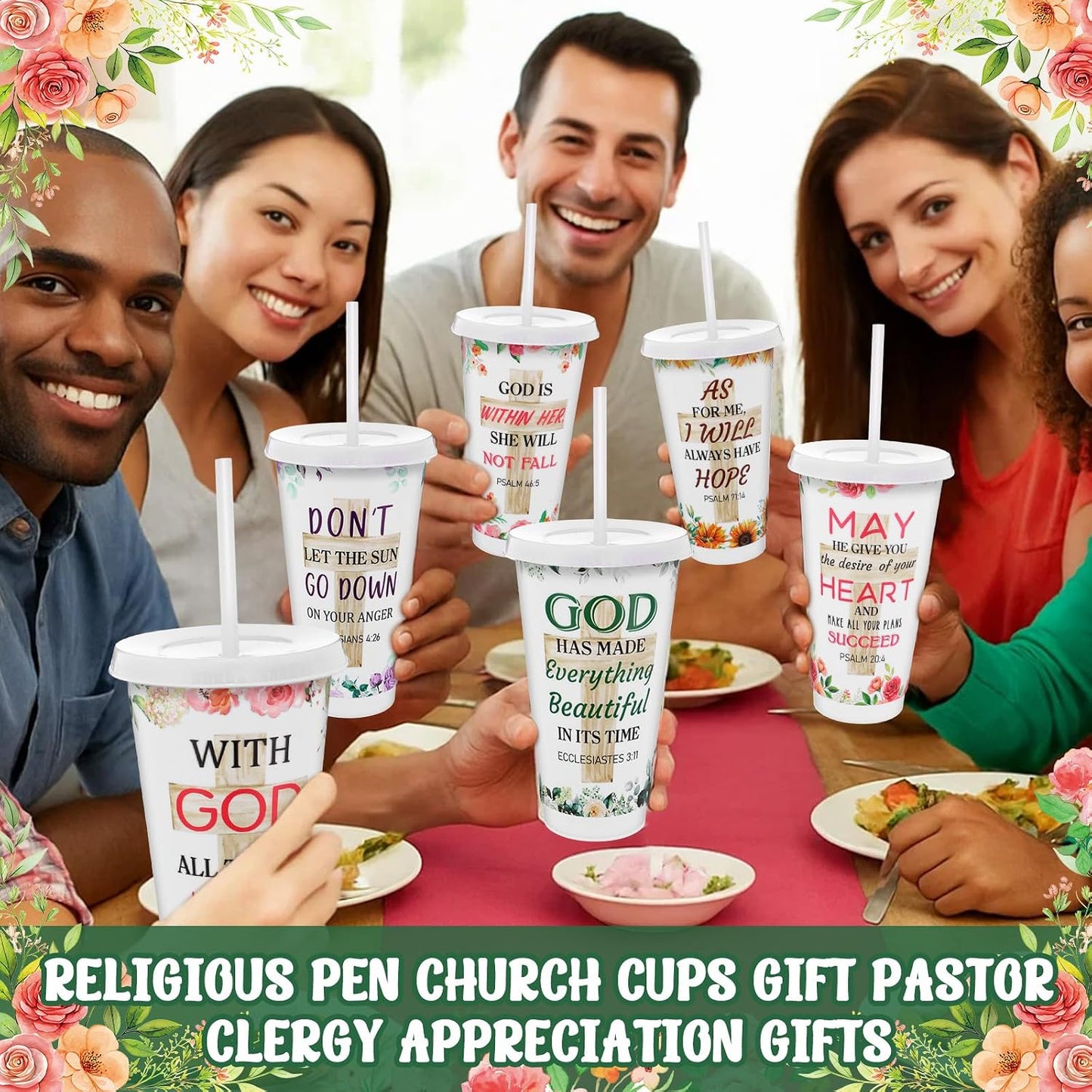 48 Pcs Christian Gifts for Women 24 oz Bible Scripture Cups with Lids Straw Religious Floral Bible Verse Ink Pens Church Religious Gift Set