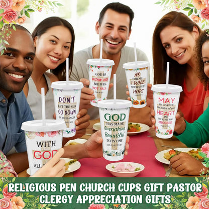 48 Pcs Christian Gifts for Women 24 oz Bible Scripture Cups with Lids Straw Religious Floral Bible Verse Ink Pens Church Religious Gift Set