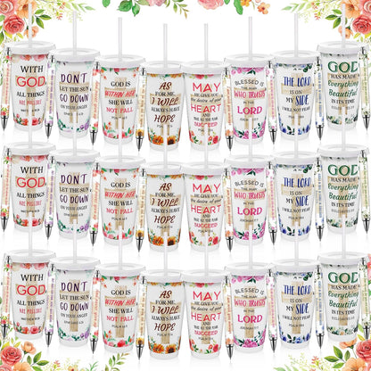 48 Pcs Christian Gifts for Women 24 oz Bible Scripture Cups with Lids Straw Religious Floral Bible Verse Ink Pens Church Religious Gift Set
