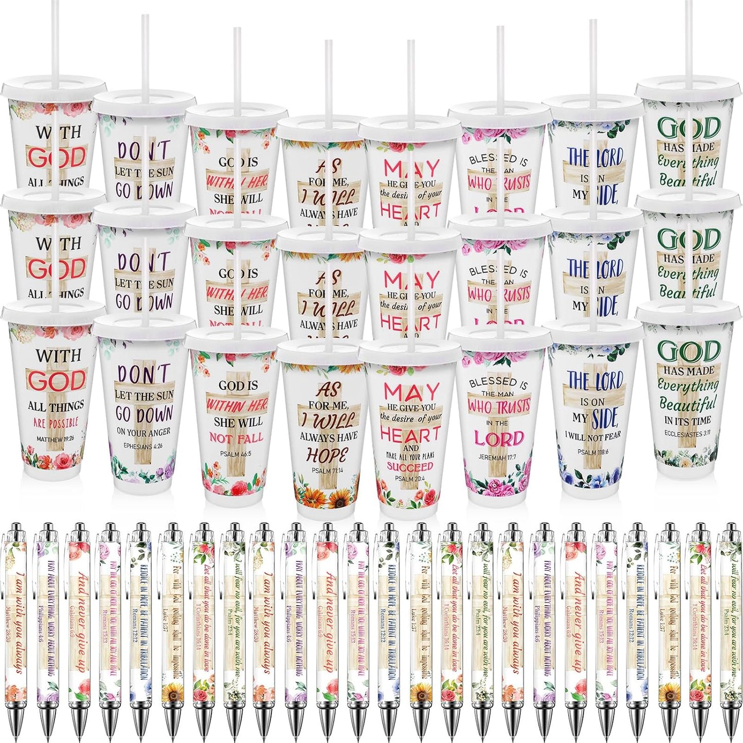 48 Pcs Christian Gifts for Women 24 oz Bible Scripture Cups with Lids Straw Religious Floral Bible Verse Ink Pens Church Religious Gift Set