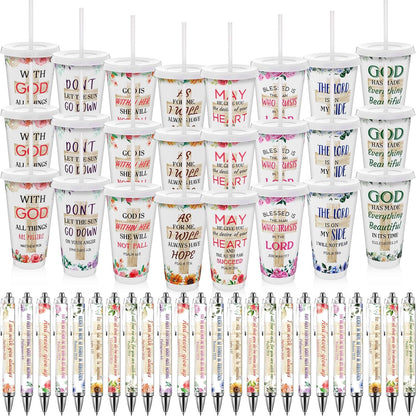 48 Pcs Christian Gifts for Women 24 oz Bible Scripture Cups with Lids Straw Religious Floral Bible Verse Ink Pens Church Religious Gift Set